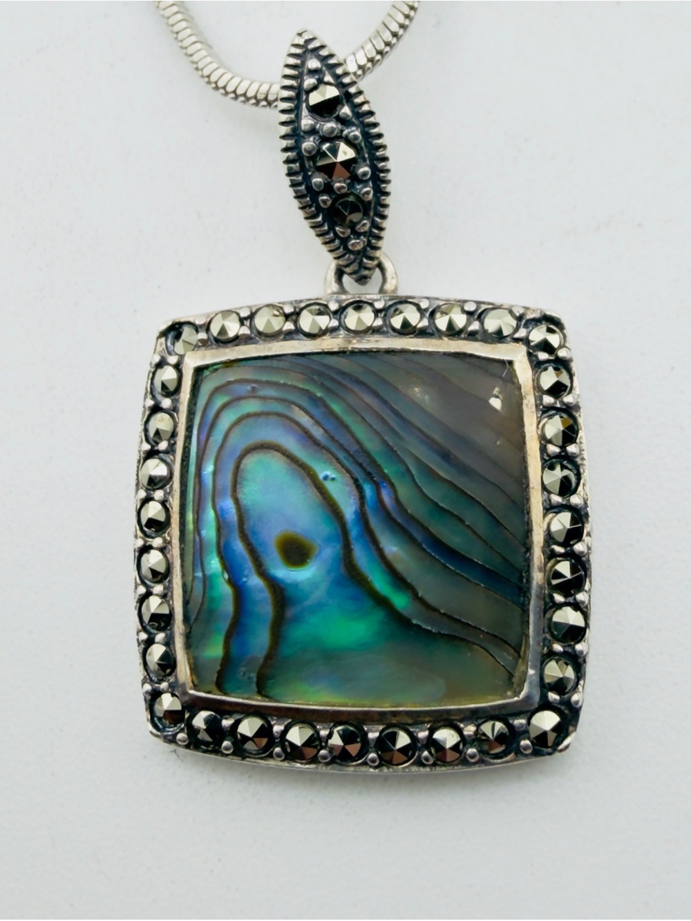 Sterling Silver Abalone and Marcasite Pendant Necklace 15”